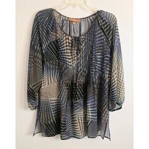 Ellen Tracy Women Sheer Long Sleeve Blouse Size L Brown Multi Keyhole Tie Front